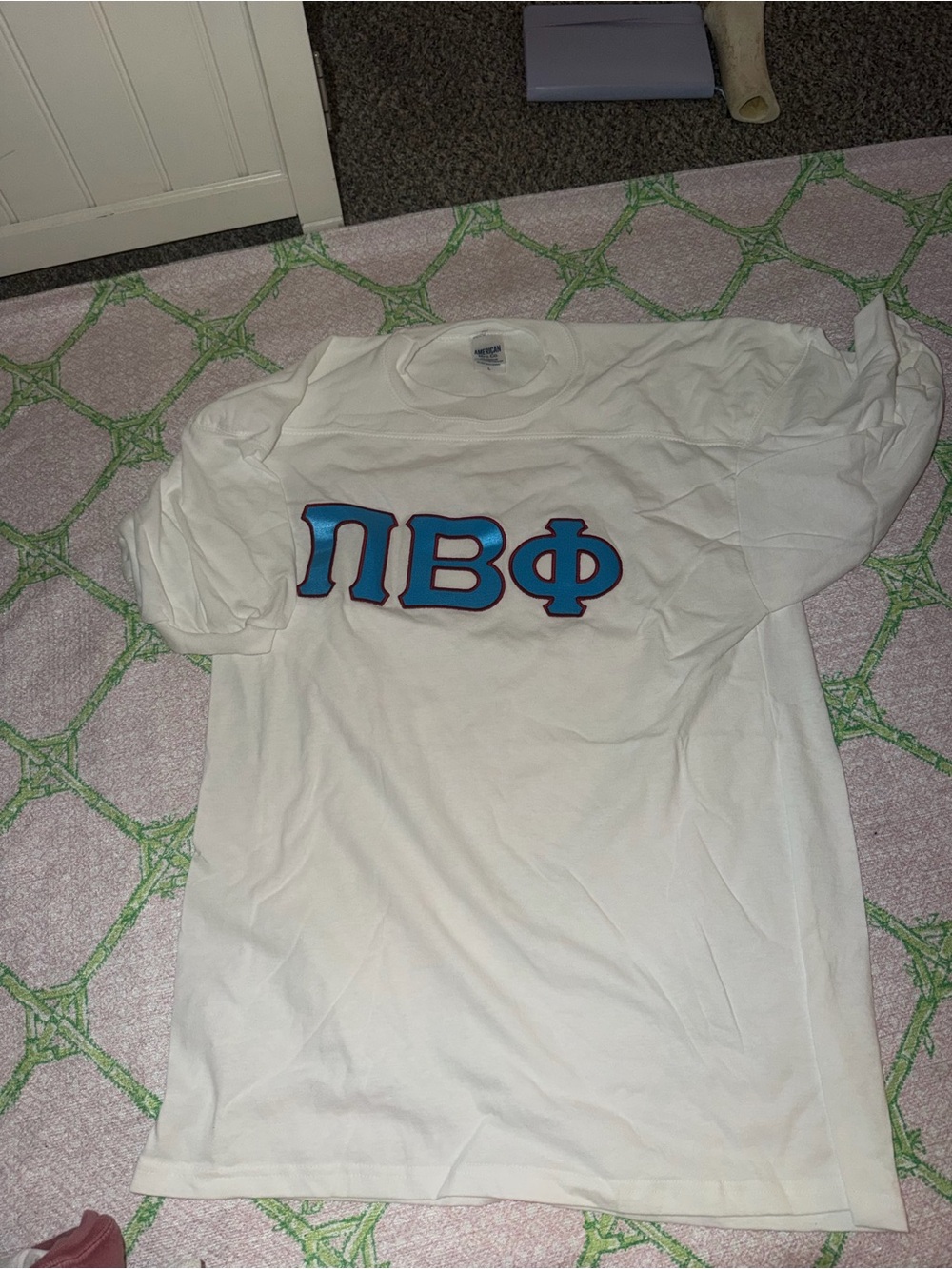 Pi Beta Phi White Short-Sleeve Graphic Tee with Blue Greek Letters
